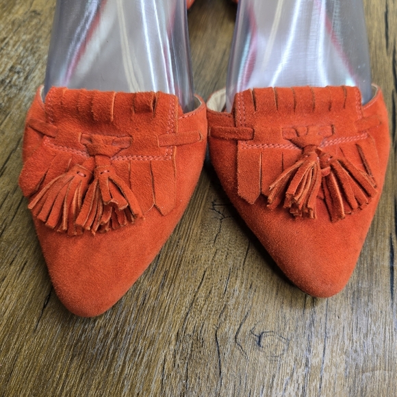 J. Crew Orange Red Suede Kilted Pointed Toe Dorsay Tassel Flats - Picture 11 of 13